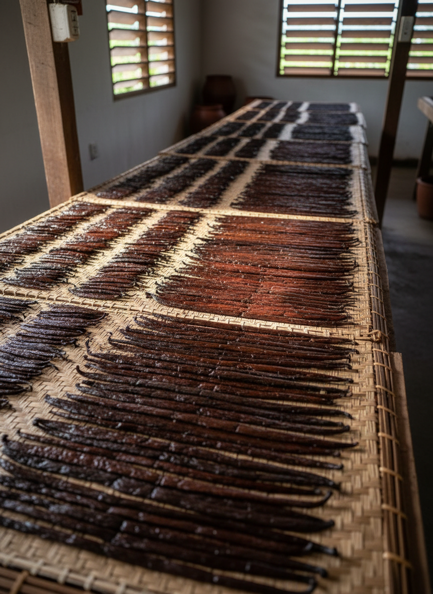 A refined, photographic overhead shot of a vanilla curing setup in East Java: rows of darkening vanilla beans laid out on woven natural-fiber mats, their surfaces slightly wrinkled and glossy from careful drying. The beans are arranged in methodical lines, showing consistency of length and thickness, subtly labeled by the arrangement rather than text. Soft diffused daylight filters in from the side, creating gentle gradients of light across the mats and emphasizing texture. The background is minimal and slightly out of focus, suggesting a clean, well-ventilated curing room. The composition uses rule of thirds and moderate depth of field, creating an atmosphere of precision, patience, and craftsmanship in the transformation from fresh green pods to premium Grade A vanilla.