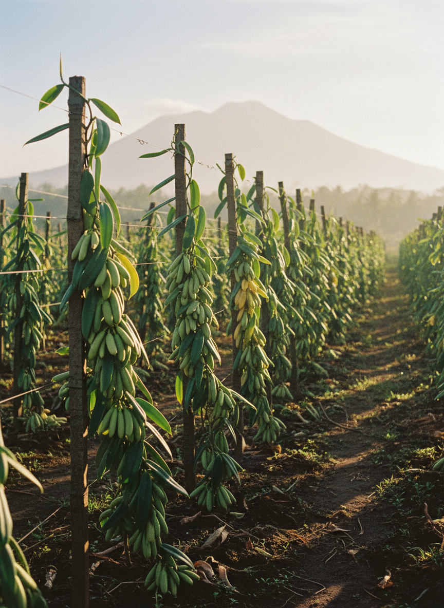 An expansive, photographic view of an East Java vanilla farm at golden hour, focusing tightly on lush green vanilla vines climbing carefully arranged support structures. Plump, mature vanilla pods hang in neat clusters, their slightly matte green skins showing subtle variations in tone and texture. Warm, low sunlight bathes the leaves, catching dew and creating sparkles, while long, soft shadows stretch across the rich, dark soil. In the distance, volcanic hills are softly blurred, giving a sense of Indonesian terroir. Shot from a slightly elevated angle with a natural, cinematic composition, the mood is serene, responsible, and respectful of nature, conveying ethical cultivation and premium origins without any human figures present.