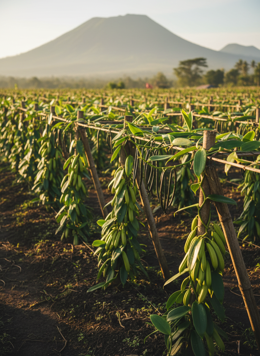 An expansive, photographic view of an East Java vanilla farm at golden hour, focusing tightly on lush green vanilla vines climbing carefully arranged support structures. Plump, mature vanilla pods hang in neat clusters, their slightly matte green skins showing subtle variations in tone and texture. Warm, low sunlight bathes the leaves, catching dew and creating sparkles, while long, soft shadows stretch across the rich, dark soil. In the distance, volcanic hills are softly blurred, giving a sense of Indonesian terroir. Shot from a slightly elevated angle with a natural, cinematic composition, the mood is serene, responsible, and respectful of nature, conveying ethical cultivation and premium origins without any human figures present.