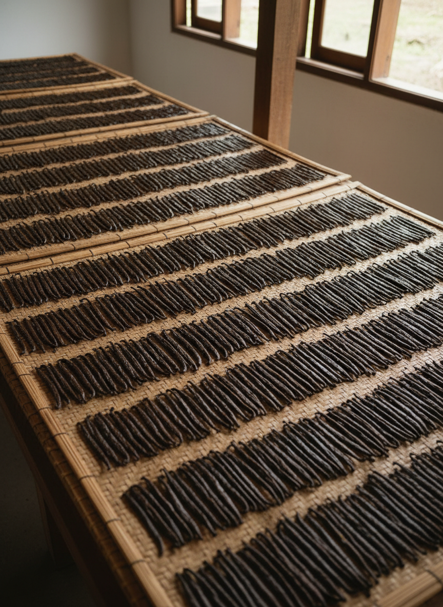 A refined, photographic overhead shot of a vanilla curing setup in East Java: rows of darkening vanilla beans laid out on woven natural-fiber mats, their surfaces slightly wrinkled and glossy from careful drying. The beans are arranged in methodical lines, showing consistency of length and thickness, subtly labeled by the arrangement rather than text. Soft diffused daylight filters in from the side, creating gentle gradients of light across the mats and emphasizing texture. The background is minimal and slightly out of focus, suggesting a clean, well-ventilated curing room. The composition uses rule of thirds and moderate depth of field, creating an atmosphere of precision, patience, and craftsmanship in the transformation from fresh green pods to premium Grade A vanilla.