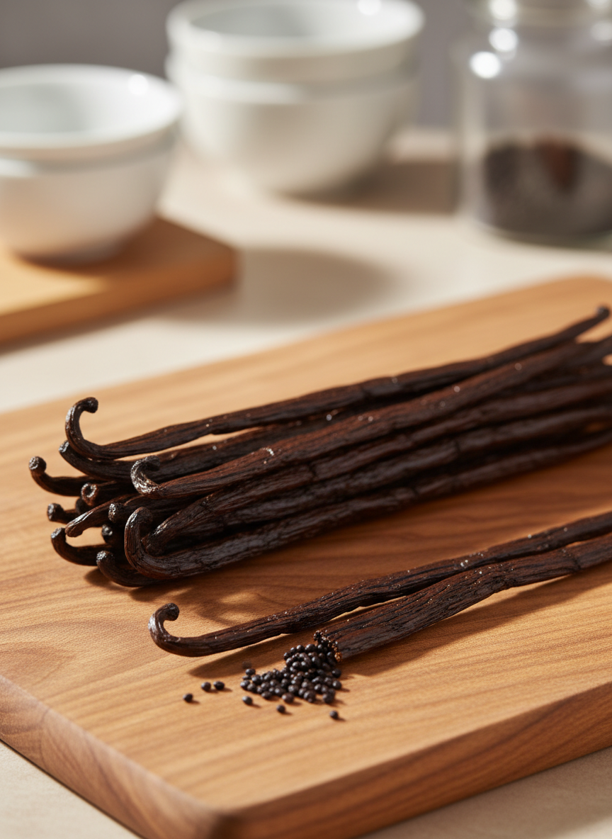 A close-up photographic realism shot of a bundle of Indonesian Grade A vanilla beans, their surface glossy, oily, and richly textured, deep chocolate-brown with subtle mahogany undertones. The pods rest on a smooth, warm-toned wooden board with faint grain patterns, a few tiny vanilla seeds spilling from a carefully split pod in the foreground. Soft natural daylight from the side creates gentle highlights along the curves of the beans and delicate shadows beneath them. The background falls into a creamy bokeh blur, hinting at an elegant kitchen setting. Captured at eye level with a shallow depth of field, the composition feels sophisticated, clean, and luxurious, emphasizing purity, quality, and the artisanal nature of premium vanilla.