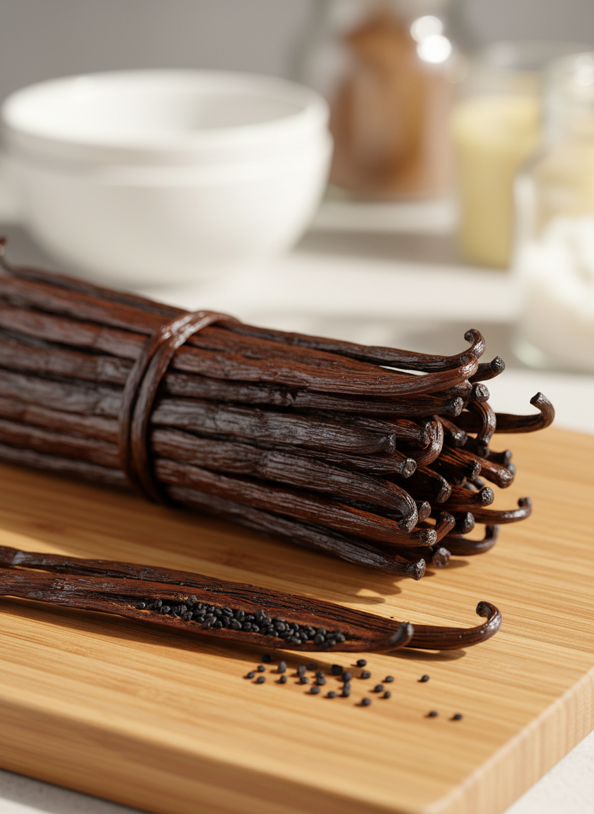 A close-up photographic realism shot of a bundle of Indonesian Grade A vanilla beans, their surface glossy, oily, and richly textured, deep chocolate-brown with subtle mahogany undertones. The pods rest on a smooth, warm-toned wooden board with faint grain patterns, a few tiny vanilla seeds spilling from a carefully split pod in the foreground. Soft natural daylight from the side creates gentle highlights along the curves of the beans and delicate shadows beneath them. The background falls into a creamy bokeh blur, hinting at an elegant kitchen setting. Captured at eye level with a shallow depth of field, the composition feels sophisticated, clean, and luxurious, emphasizing purity, quality, and the artisanal nature of premium vanilla.