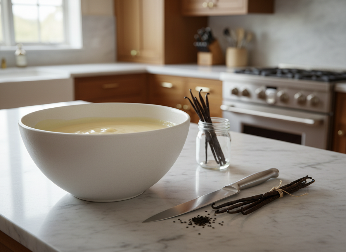 A luxurious culinary tabletop scene in photographic realism: a heavy, matte-white ceramic mixing bowl partially filled with a pale vanilla custard base, its surface silky and glossy. Beside it, a polished chef’s knife rests next to a split vanilla bean, tiny black seeds smeared elegantly across a smooth marble countertop. A few whole Grade A pods lie nearby, tied with a thin natural-fiber cord. Soft morning light streams from a nearby window, creating subtle highlights on the custard and knife, with gentle shadows giving depth. The background shows a blurred, high-end kitchen with warm wood and brushed metal accents. Captured from a slightly elevated angle with shallow depth of field, the mood is refined, warm, and indulgent, highlighting the culinary potential of premium vanilla.