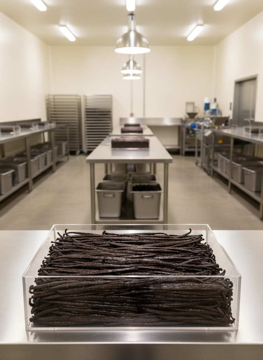 A sleek, modern photographic scene inside a spotless vanilla processing facility in East Java or Canada, with stainless-steel tables and food-grade containers holding meticulously sorted vanilla beans. In the foreground, a transparent container showcases uniformly dark, plump Grade A pods with glossy, almost lacquered surfaces. Industrial-style pendant lights above cast soft, even illumination, creating gentle reflections on metal and subtle highlights on the beans. The walls are bright and uncluttered, hinting at strict hygiene and quality control, while machines and racks recede into a tasteful blur. Shot at eye level with a balanced, symmetrical composition and sharp focus in the center, the mood is professional, trustworthy, and sophisticated, emphasizing high standards from farm to finished product without any people present.