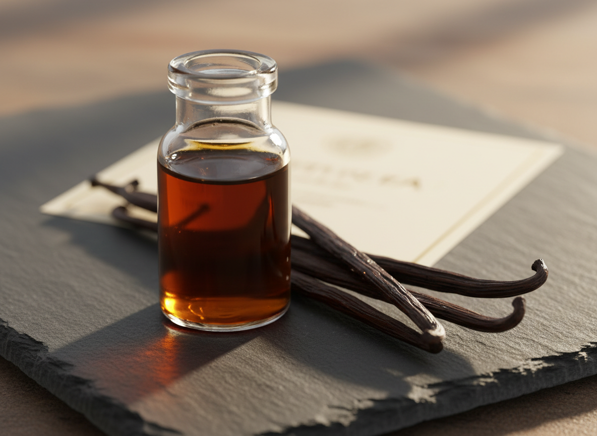 A sophisticated close-up photographic composition of a small, clear glass vial of vanilla extract, its liquid a rich amber-brown with light catching subtle viscosity. Next to the vial, several plump, glossy vanilla beans rest on a textured slate serving board, their ends slightly curling. Behind them, an elegant, minimalistic label design is implied by the shape of a blurred box, without readable text. Warm, diffused side lighting creates soft reflections on the glass and low, velvety shadows on the slate. The color palette is restrained: deep browns, charcoal grey, and hints of cream, reinforcing a premium, understated luxury. Shot at a low angle with shallow depth of field, the atmosphere feels artisanal, trustworthy, and perfectly suited to a high-end vanilla brand.
